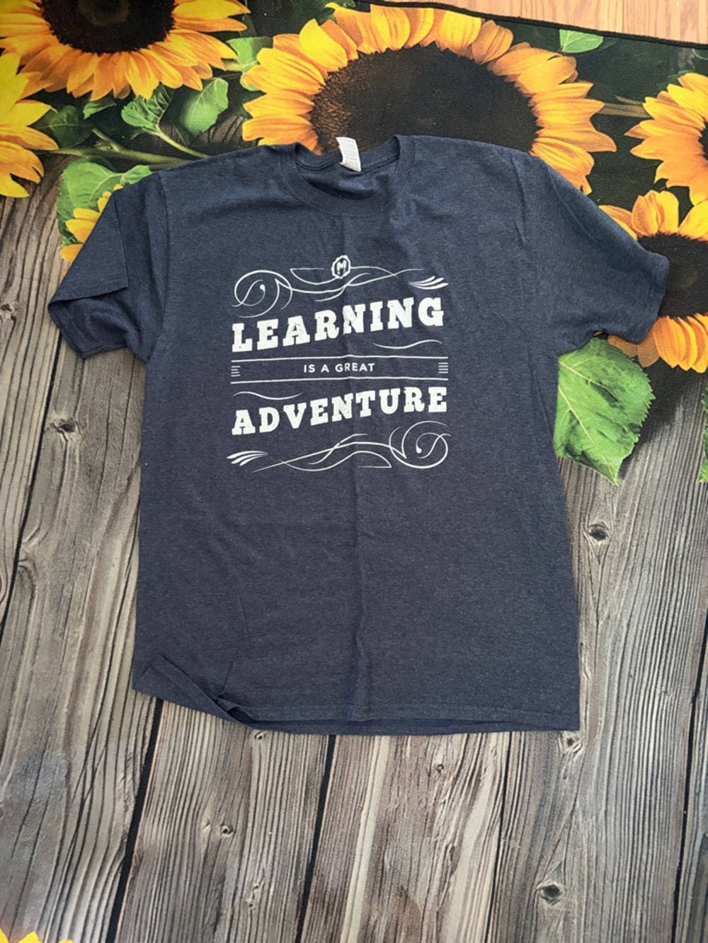 Heather Navy Graphic Tee - "Learning is a Great Adventure"